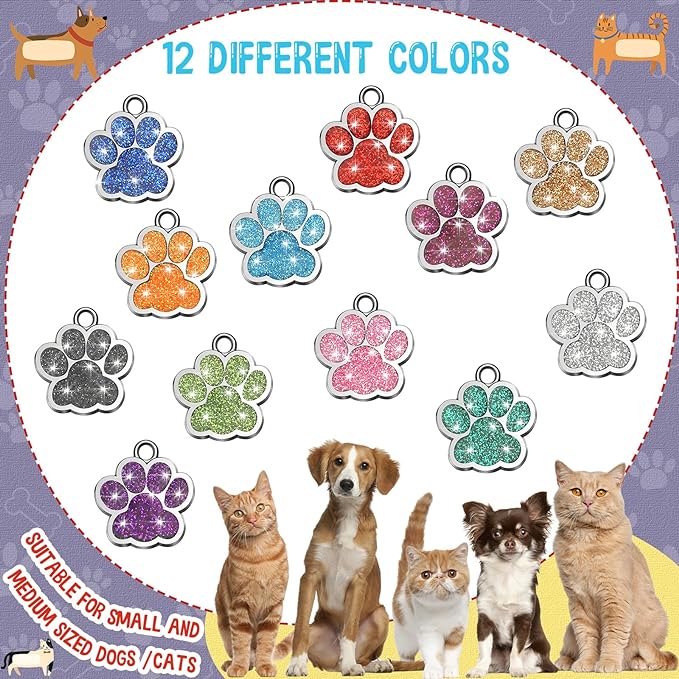Abbylike 60 Pcs Personalized Dog Tags Blank Pet ID Tags Custom Glitter Paw Pet Tag Cute Metal Cat Name Tag Small DIY Engraved Puppy Name Tag for Dogs Pets(Silver)