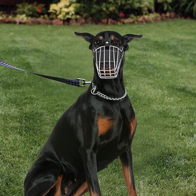 Dog Muzzle, Dog Metal Face Basket, Dog Mouth Breathable Adjustable Leather Leash Suitable for Large Medium-Sized Dogs.