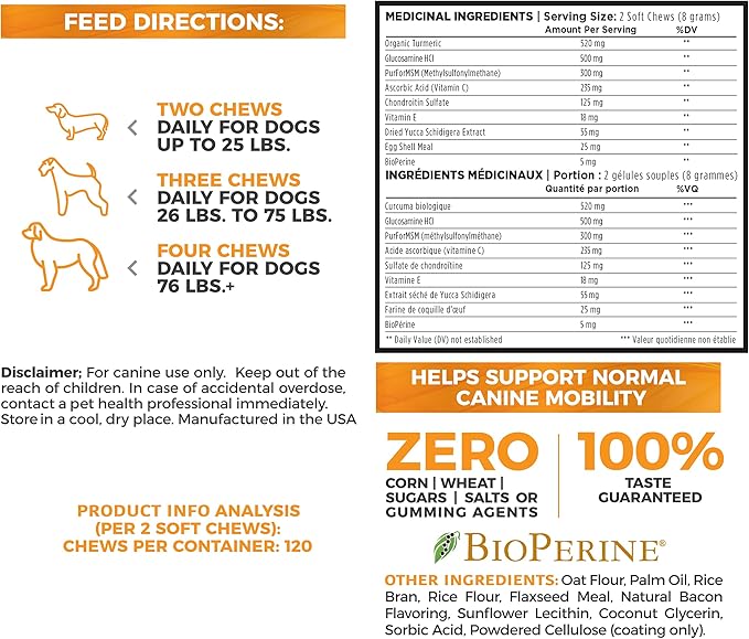 Renew Actives Organic Turmeric Joint Supplement for Dogs - Advanced Canine Support for Hip, Joint & Cartilage Health - Natural Mobility Formula with 120 Chewable Soft Treats
