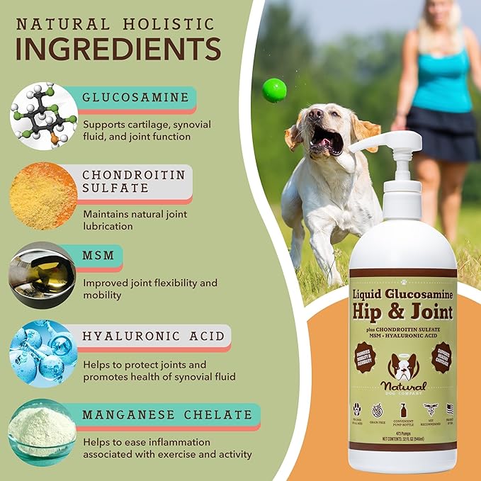Natural Dog Company Liquid Glucosamine Hip & Joint Oil for Dogs, 32 oz, Extra Strength Cartilage and Joint Support, Helps Mobility and Eases Occasional Stiffness, Dog Vitamins and Supplements