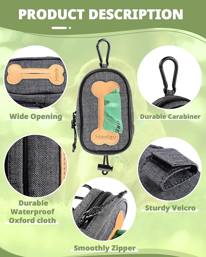 Dog Poop Bag Holder, Hands Free Cute Dog Poop Bag Dispenser for Leash with Big Opening Pet Waste Bag Holder Zippered Pouch with Carabiner Hook Velcro Waterproof Pet Poop Bag Holder(Doggy Bag Excluded)