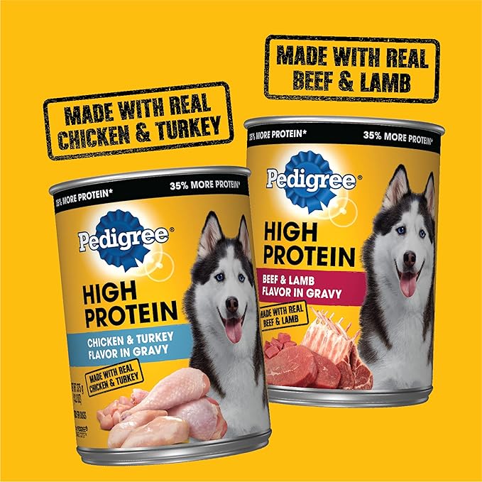 PEDIGREE High Protein Adult Canned Wet Dog Food Variety Pack, Chicken & Turkey Flavor in Gravy and Beef & Lamb Flavor in Gravy,13.2 Oz Cans (Pack of 12)
