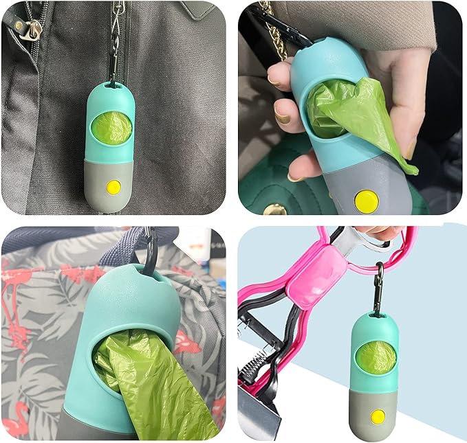 2 Pack Dog Poop Bag Dispenser with Built-in LED Flashlight, Pet Waste Bag Holder for Leash with Carabiner Clip for Lead Leash, 2 Rolls Leak-proof Doggy Waste Bags for Dog Walking, Blue,Eliamo