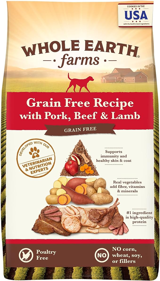 Whole Earth Farms Natural Grain Free Dry Kibble, Wholesome And Healthy Dog Food, Pork, Beef, And Lamb Recipe - 25 LB Bag