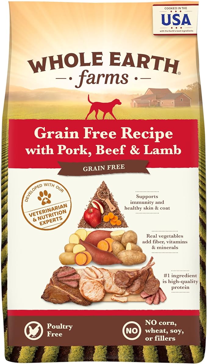 Whole Earth Farms Natural Grain Free Dry Kibble, Wholesome And Healthy Dog Food, Pork, Beef, And Lamb Recipe - 4 LB Bag