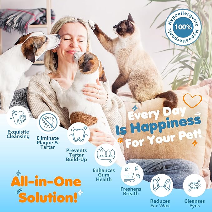 3-in-1 Pet Finger Wet Wipes for Dogs & Cats, Soft Disposable Finger Towels for Eye, Ear, & Dental Care, Freshen Breath with Deep Teeth Cleaning Support, Pack of 50
