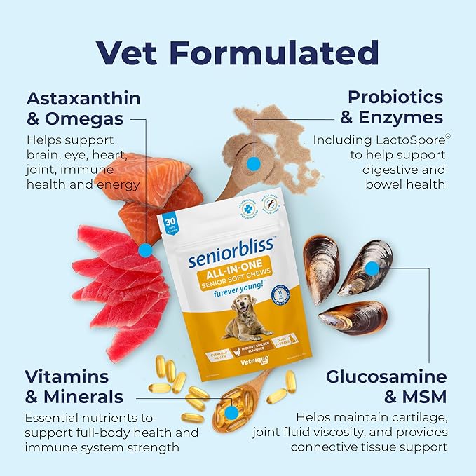 Vetnique Seniorbliss Senior Dog Multivitamin with Glucosamine, Omega 3 Fish Oil, and Probiotics - for Dog Joints, Digestive and Immune Support for Optimal Health (All-in-One Daily Vitamin, 30ct)