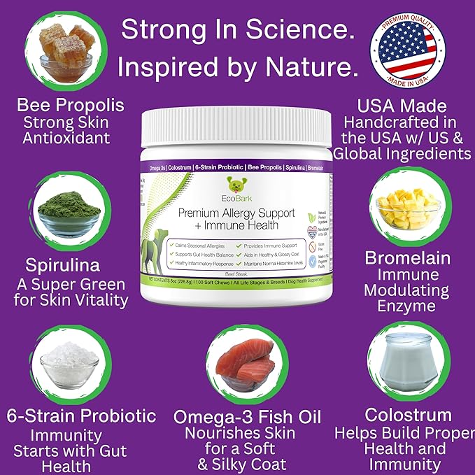 EcoBark Natural Dog Allergy & Immune Chews with Super Greens- Omega 3 Skin and Coat Supplements for Dogs - Gluten Free Probiotic Allergy Support & Relief for a Shiny Coat with Colostrum & Bee Propolis