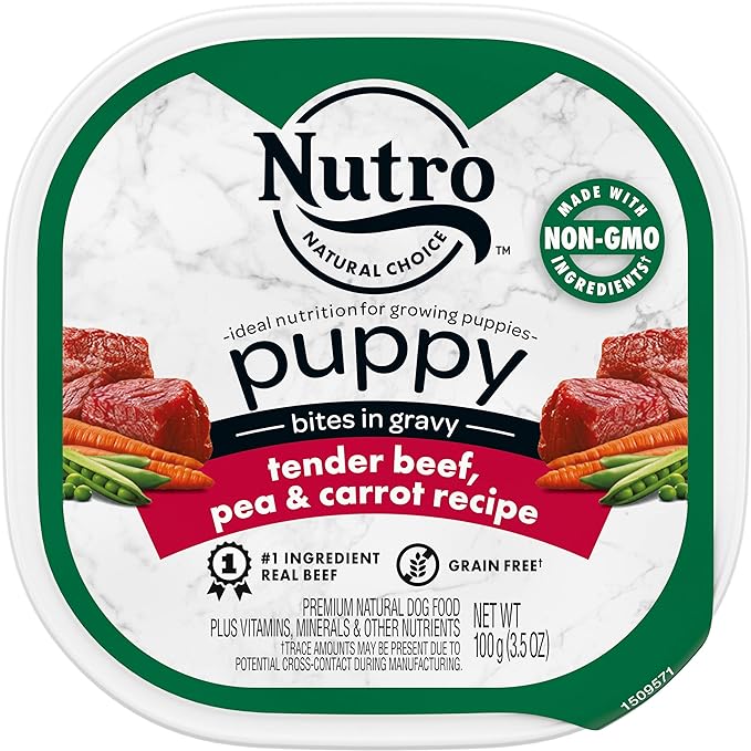 NUTRO PUPPY Grain Free Natural Wet Dog Food Bites in Gravy Tender Beef, Pea & Carrot Recipe, (24) 3.5 oz. Trays