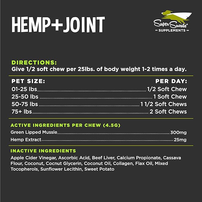 Super Snouts Hemp & Joint Chew for Dogs & Cats, 30 Chews (Up to 60 servings) – Made in USA Hip & Joint Supplement with Green Lipped Mussels, Hemp Helps Calms Joint Inflammation & Relief Joint Pain