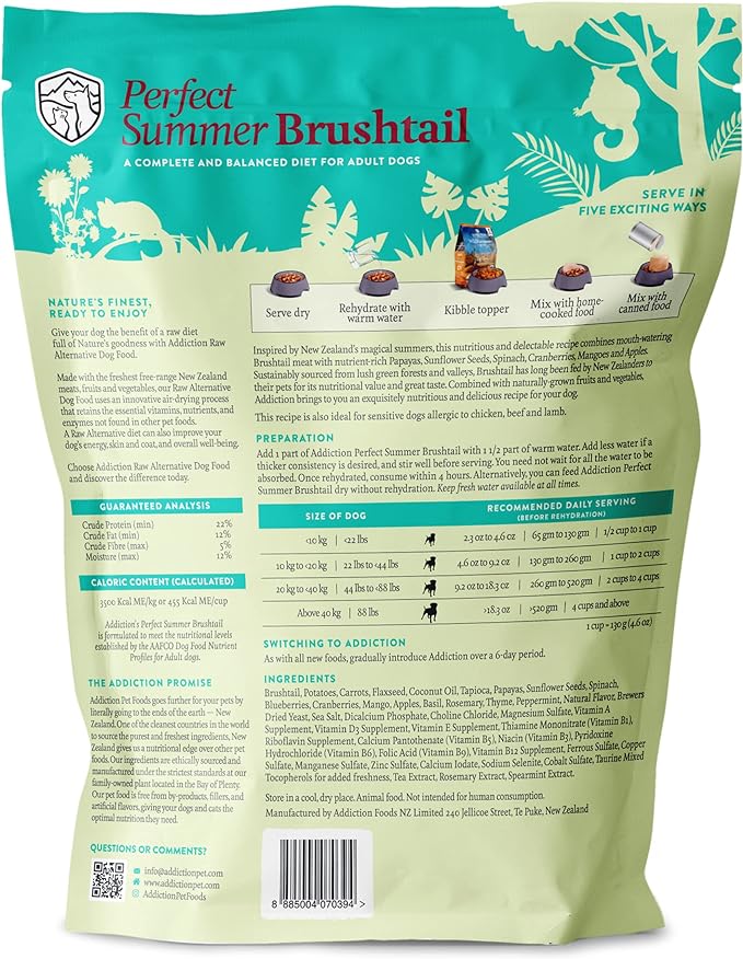 Addiction Perfect Summer Brushtail Raw Alternative Dog Food - Gently Air-Dried Complete Meal or Dog Food Topper for Digestive and Skin and Coat Health, 2 lb