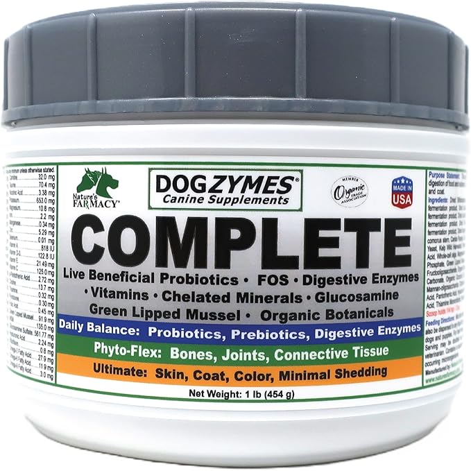 Dogzymes Complete - Probiotics, prebiotics, Glucosamine, Chondroitin, MSM and Hyaluronic Acid, complete skin and coat care (1 pound)