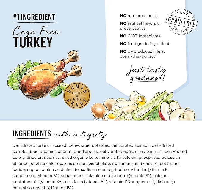 The Honest Kitchen Human Grade Dehydrated Grain Free Dog Food – Complete Meal or Dog Food Topper – Turkey 4 lb (makes 16 lbs)