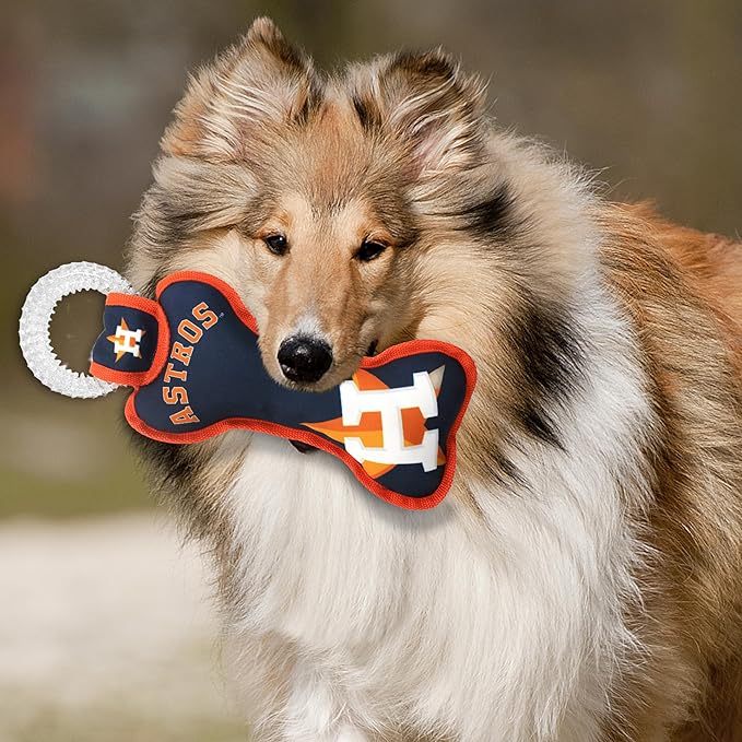 MLB Houston Astros Bone Shaped Dental Dog TUG Toy with Squeaker. Tough PET Toy for Healthy Fun, Teething, and Cleaning pet's Teeth and Gum.