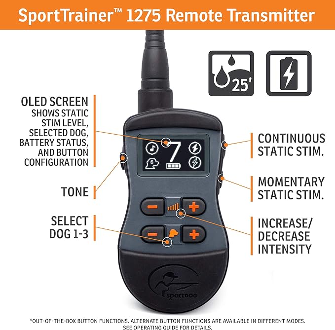 SportDOG Brand SportTrainer 1275 Dog Training Collar - 3/4 Mile Range - Bright, Easy to Read OLED Screen - Waterproof, Rechargeable Remote Trainer with Tone, Vibration, and Static, Black