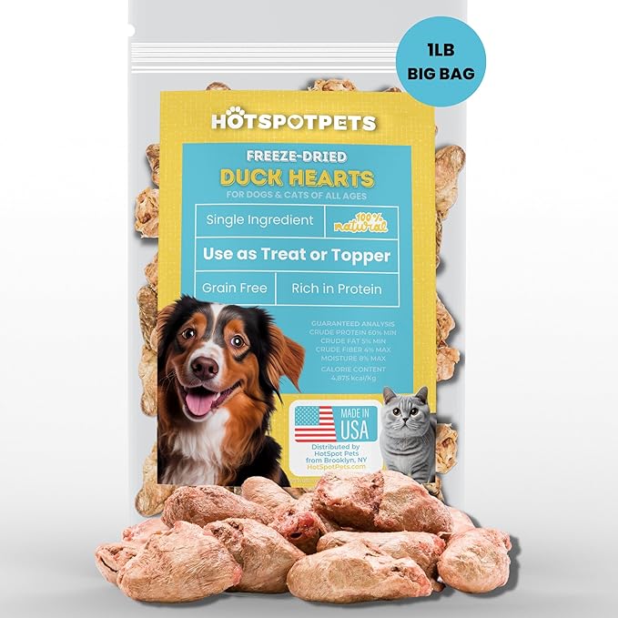 hotspot pets Freeze Dried Duck Heart Treats for Cats & Dogs - 1LB BIG BAG - Single Ingredient All Natural Grain-Free Duck Hearts - Perfect for Training, Topper or Snack - Made in USA