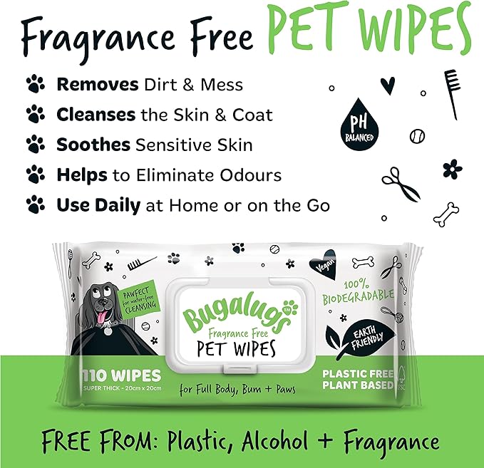 Dog Wipes, 100% Plastic Free Biodegradable pet wipes for full body, eye wipes, ear wipes, bum & paws. 110 sensitive dog grooming wipes for dogs, puppy & cat grooming (Fragrance Free)