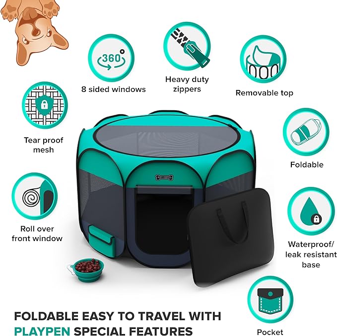 Ruff 'N Ruffus Portable Foldable Pet Playpen + Carrying Case & Collapsible Travel Bowl | Indoor/Outdoor use | Water Resistant | Removable Shade Cover (Extra Large)