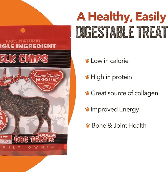 Gaines Family Farmstead Elk Chips for Dogs, All-Natural, Grain-Free, Soy-Free, Dye-Free, Healthy Dog Treats for All Ages & Breeds, Puppies, Made in USA, 4 oz