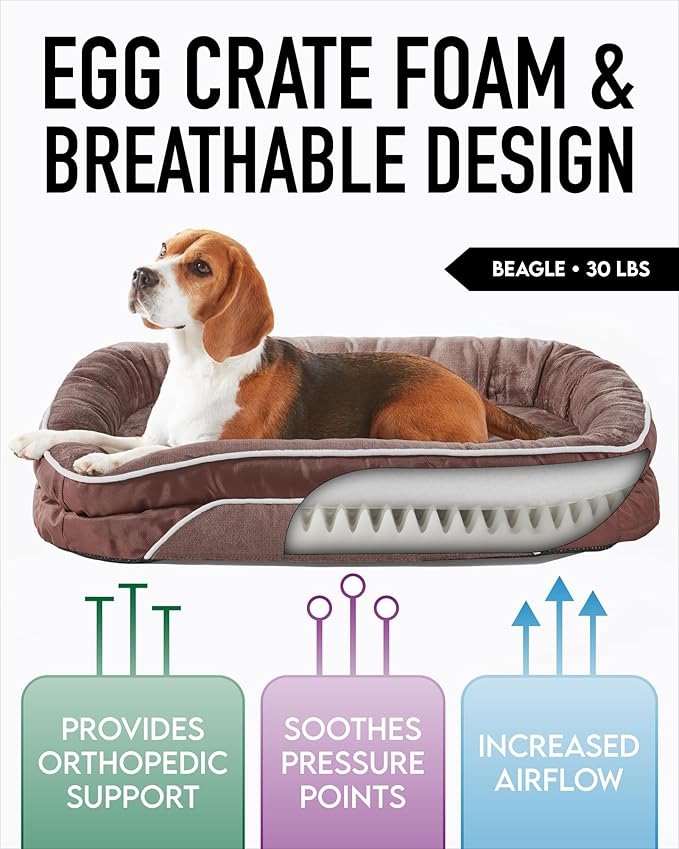 Orthopedic Dog Bed for Large Dogs, Dog Couch Design with Egg Foam Support, Removable, Machine Washable Plush Cover and Non-Slip Bottom with Four Sided Bolster Cushion (Brown)