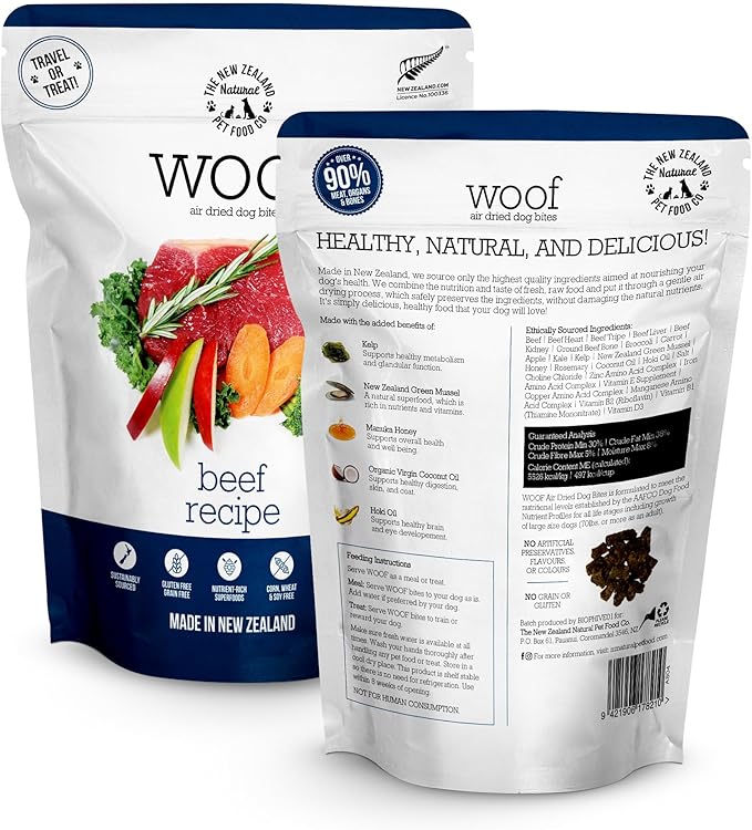 Woof - Air Dried Dog Food, Dog Food Toppers for Dry Food, High Protein, Natural Dog Food, Limited Ingredient Recipe Dry Dog Food, Beef, 3.5 oz