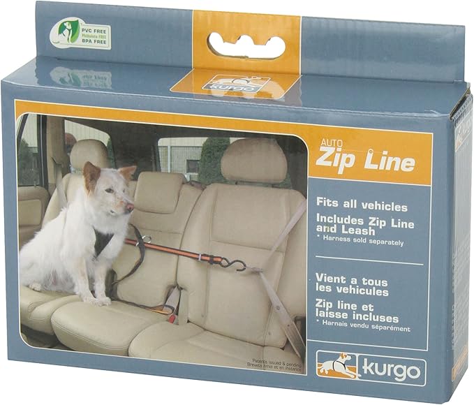 Kurgo Auto Zipline for Dogs, Adjustable Dog Safety Belt Leash, Pet Seat Belt Tether, Reduce Distracted Driving, includes Dog Leash & Carabiner Clips, 6 feet