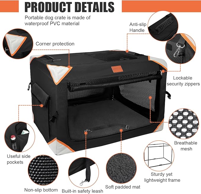 Collapsible Dog Crate-Portable Dog Crates for Extra Large Dog,4-Door Portable Pet Travel Crate,Sturdy/Breathable/Comfortable,Indoor & Outdoor & Car Back Seat;Soft Dog Blanket