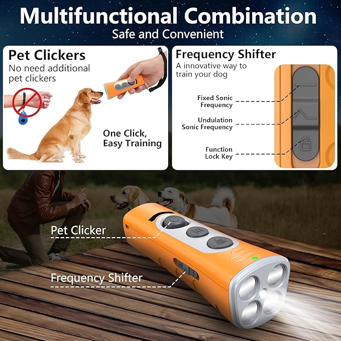 2024New Dog Bark Deterrent Device, 4X Ultrasonic Emitters Anti-Barking Device, Rechargeable Dog Barking Control Device with 50ft Range Dog Training Tool,Barking Silencer Indoor&Outdoor(Orange)
