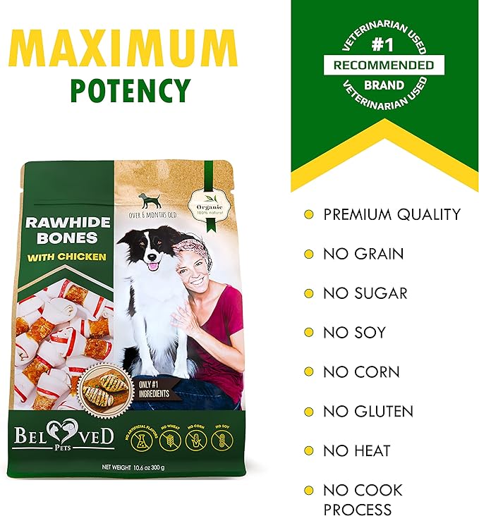 Dog Rawhide Bones Wrapped with Chicken & Pet Natural Chew Treats - Grain Free Meat & Healthy Human Grade Dried Snacks in Bulk - Best Chews for Training Small & Large Dogs - Made for USA