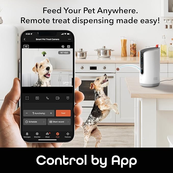 Geeni Pet Treat Dispenser with Camera - 2K HD WiFi Enabled, Dog and Cat Automatic Smart Feeder, Two-Way Audio, Night Vision, Auto-Follow, Remote Access with App, Alexa and Google Compatible, White