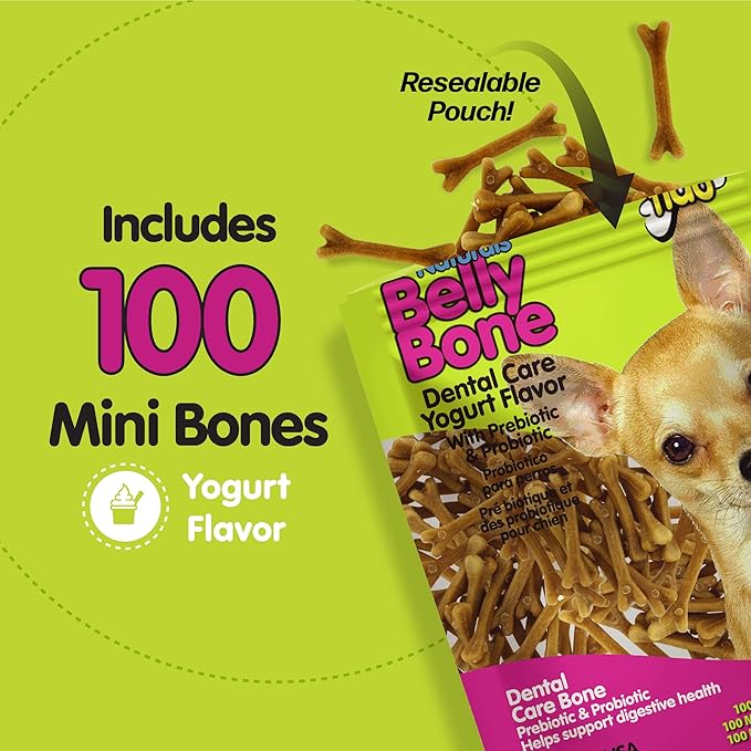 NATURALS Belly Bones for Dogs, 100 Yogurt Flavor Mini Dog Dental Treats(100 Count) - Made in USA - for Extra Small Dogs - Plaque and Tartar Control for Fresh Breath, Digestive Health Support