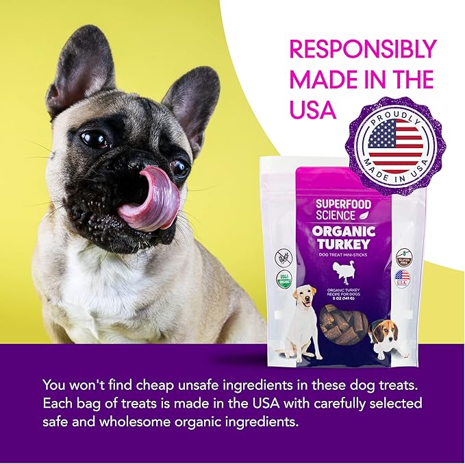 Organic Dog Treats for Small, Medium, and Large Breeds, Semi-Soft Organic Turkey Dog Training Jerky Snack Bites, All-Natural & Gluten-Free, Immunity & Hypoallergenic recipe, 5 oz