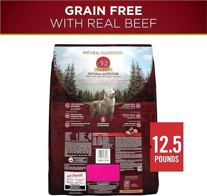 Purina ONE Grain Free Natural High Protein Dry Dog Food Formula True Instinct with Real Beef with Added Vitamins, Minerals and Nutrients - 12.5 lb. Bag