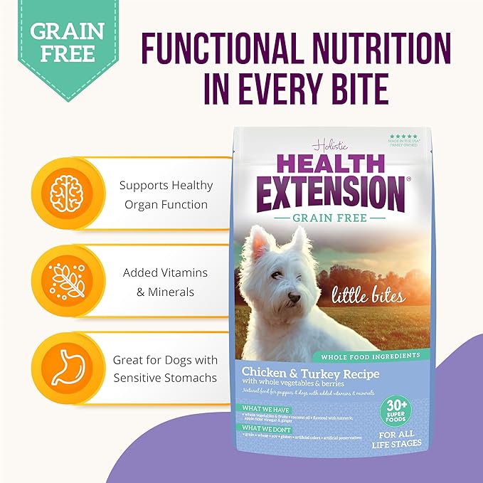 Health Extension Grain Free Little Bites for Dogs, Natural Food with Added Vitamins & Minerals, Perfect for Teacup, Toy & Small Dogs, Chicken & Turkey Recipe (12lb Bag)