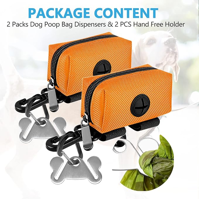 2Packs Dog Poop Bag Holder for Leash Attachment Dog Poop Bag Dispenser Dog Waste Bag Dispensers for Leash Accessory Dog Poop Bag Holders Fits Dog Leash Include Hand Free Holder Metal Carriers, Orange