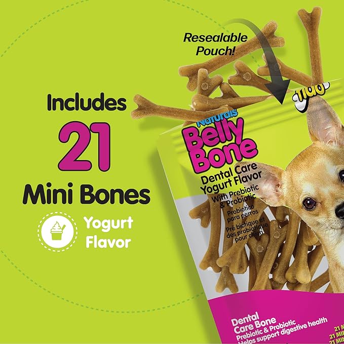 NATURALS Belly Bones for Dogs, 21 Yogurt Flavor Mini Dog Dental Treats (Made in USA) - 21 Count Dog Treats for Small Dogs - Plaque and Tartar Control for Fresh Breath, Digestive Health Support