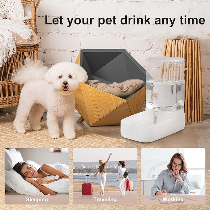 Automatic Pet Water Feeder, 3.8L Gravity Cat Water Dispenser with Cat Water Bowl, Large Capacity Water Feeder for Kitten & Small and Medium-Sized Dogs (White & Grey)
