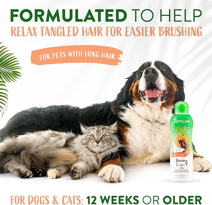 TropiClean 2-in-1 Papaya & Coconut Dog Shampoo and Conditioner | Natural Pet Shampoo Derived from Natural Ingredients | Cat Friendly | Made in the USA | 20 oz.