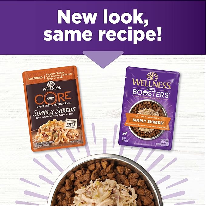 Wellness CORE Simply Shreds Natural Grain Free Wet Dog Food Mixer, Chicken, Beef & Carrots, 2.8 oz. Pouch (12 Nos) + Simply Shreds Wet Dog Food Topper, Chicken Liver & Broccoli, 2.8 oz. Pouch (12 Nos)