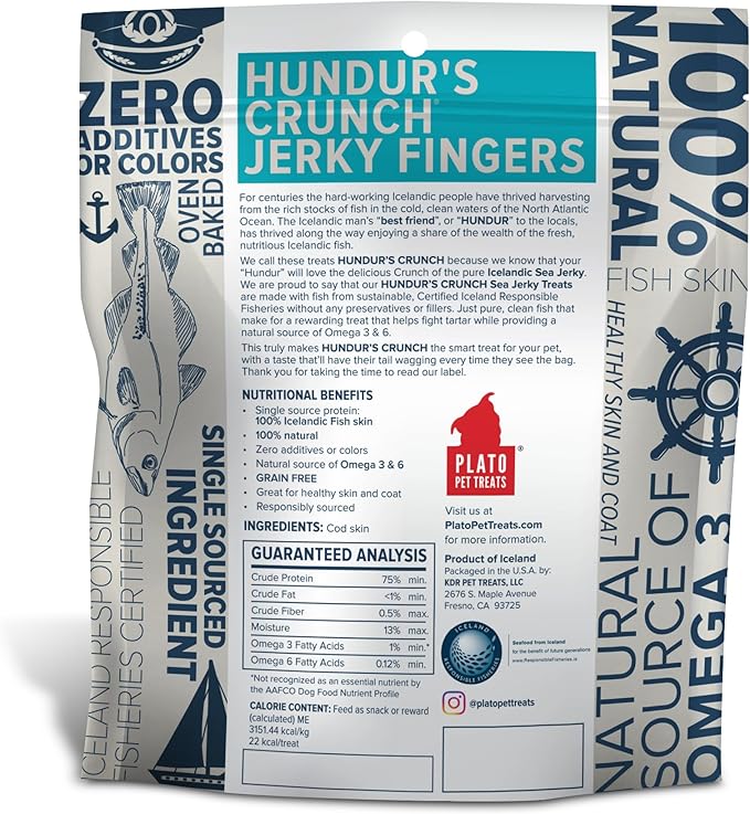 PLATO Hundur's Crunch Fish Dog Treats Variety Pack, (1) Fish Jerky Fingers 3.5oz and (1) Fish Jerky Minis 3.5oz, 7oz Total