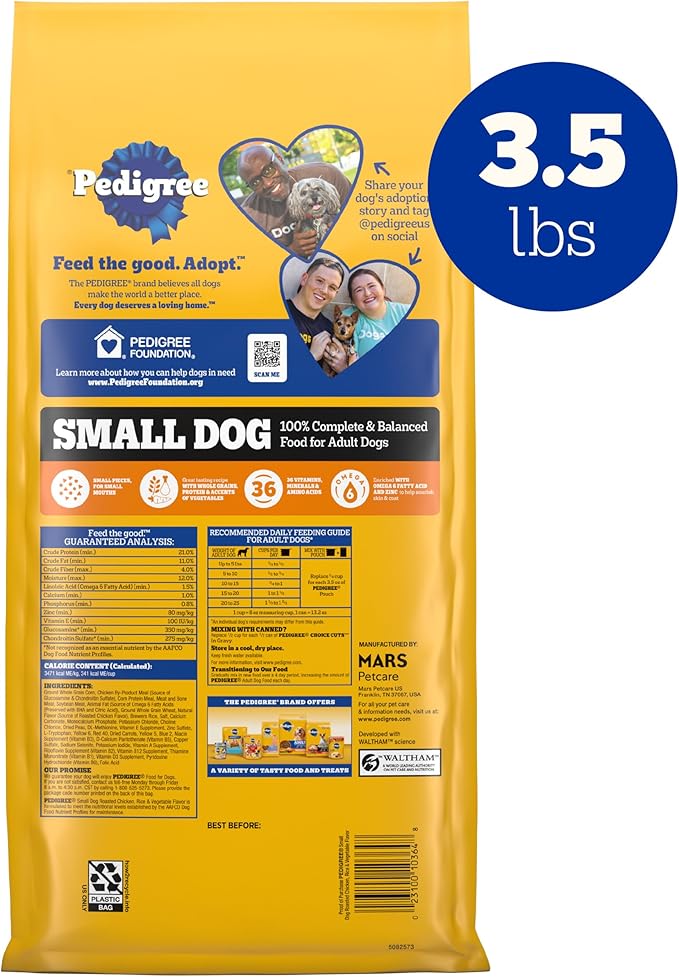 PEDIGREE Small Dog Complete Nutrition Small Breed Adult Dry Dog Food Roasted Chicken, Rice & Vegetable Flavor Dog Kibble, 3.5 Pound (Pack of 1)