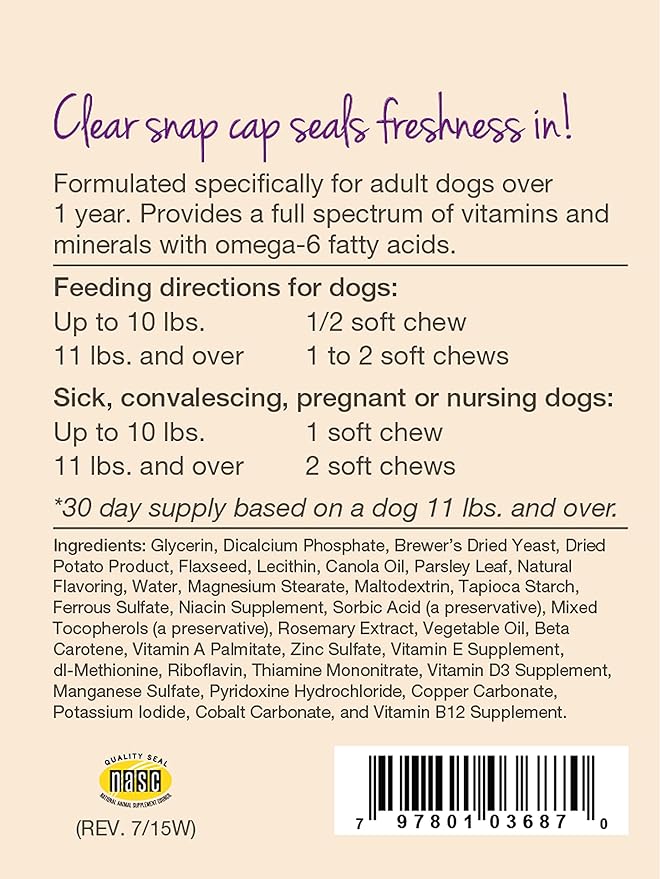 NaturVet VitaPet Adult Daily Vitamins Plus Breath Aid for Adult Dogs, 60 ct Soft Chews, Made in The USA with Globally Source Ingredients