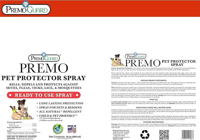 Pet Protector by Premo Guard 16 oz – 100% Effective Mite, Flea, Tick, & Mosquito Spray for Dogs, Cats, and Pets – Best Natural Protection for Control, Prevention, & Treatment