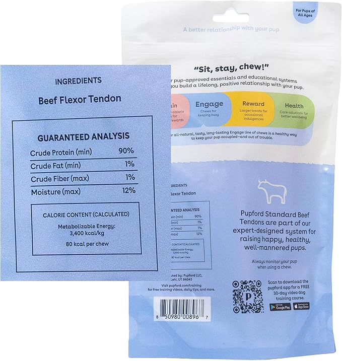Pupford Beef Tendon Chews for Dogs | Cleans Teeth, Teaches Proper Chewing & Contains Glucosamine to Help Joints | Extra Thick, Long-Lasting, Natural Ingredients, Low Calorie (Standard, 10 Count)