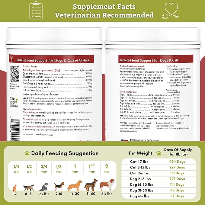 Wholistic Pet Organics Run Free: Dog Joint Health Supplement Glucosamine and Chondroitin Supplement Large Dog and Cats Arthritis Pain Relief with MSM for Mobility and Immune Support