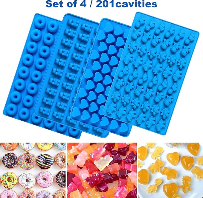 4Pcs Gummy Candy Molds, Gummy Bear Molds, Gummy Dinosaur Molds, Gummy Donut Molds and Gummy Hearts Molds, Non-stick Silicone Candy Molds with 2 Droppers (4Shapes)