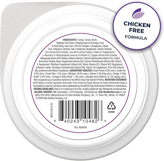 Blue Buffalo Basics Grain-Free Wet Dog Food for Small Breed Adult Dogs, Limited Ingredient Diet, Turkey Recipe, 3.5-oz. Cup