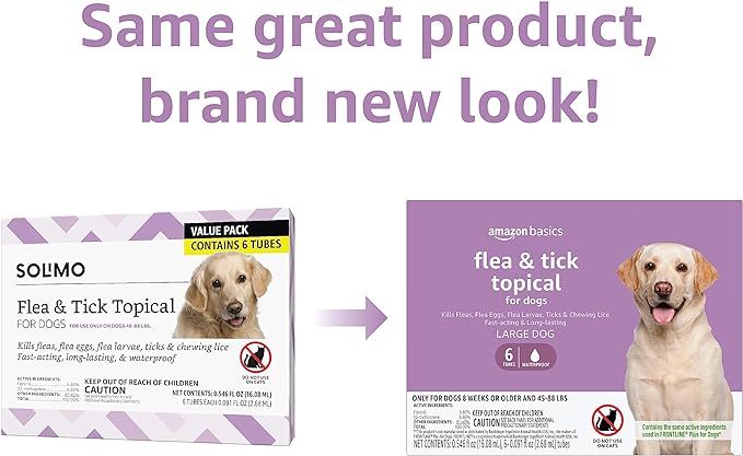 Amazon Basics Flea and Tick Topical Treatment for Large Dogs (45-88 lbs), Unscented, 6 Count (Previously Solimo)