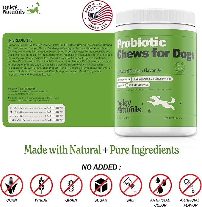 Deley Naturals Probiotics for Dogs - 120 Grain Free Chicken Soft Chews - 4 Billion CFU's, Digestive Enzymes, Prebiotics - Dog Allergies, Diarrhea, Bad Dog Breath, Constipation, Gas, Yeast- Made in USA