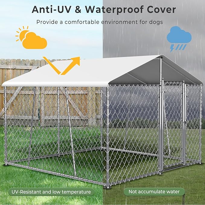 Upgraded 7.5×7.5FT Outdoor Dog Kennel with Cover Roof, Large Dog Run House Pen Enclosure with Side Rod, Heavy Duty Chain Link Dog Kennel with Lock for Outside Backyard